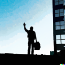 DALL·E 2023-01-29 12.25.35 - a silhouette of software engineer leaving his office building in Dublin waving goodbye with bright blue sky in the background, digital art.png